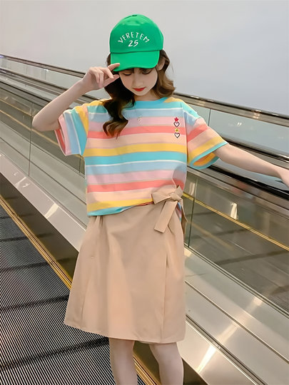 女童短袖t恤夏季2025新款儿童装大童夏装女孩半袖衣服条纹体恤7岁