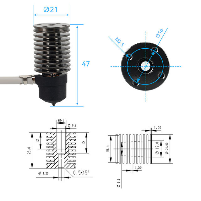 V6voron Ring Ceramic Hot End Kit ການໄຫຼສູງ Louis Cut Head Radiator Matching Long Pingtai 24V60W