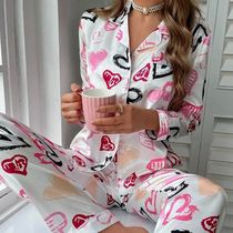 Women Spring Pajamas Heart Print Pajama Set Button Up Long S