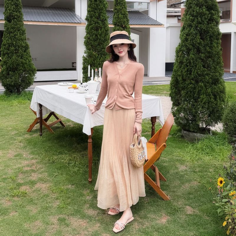 Yy Studio【Soft Gauze】2026 Spring Draped Pleated Apricot Midi Skirt Yy-5745