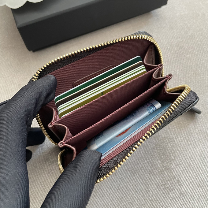 Genuine Leather Women's Flip-Top Caviar Card Holder, Compact and Practical, Zipper Lambskin Coin Purse, Multi-Card Slot Card Holder