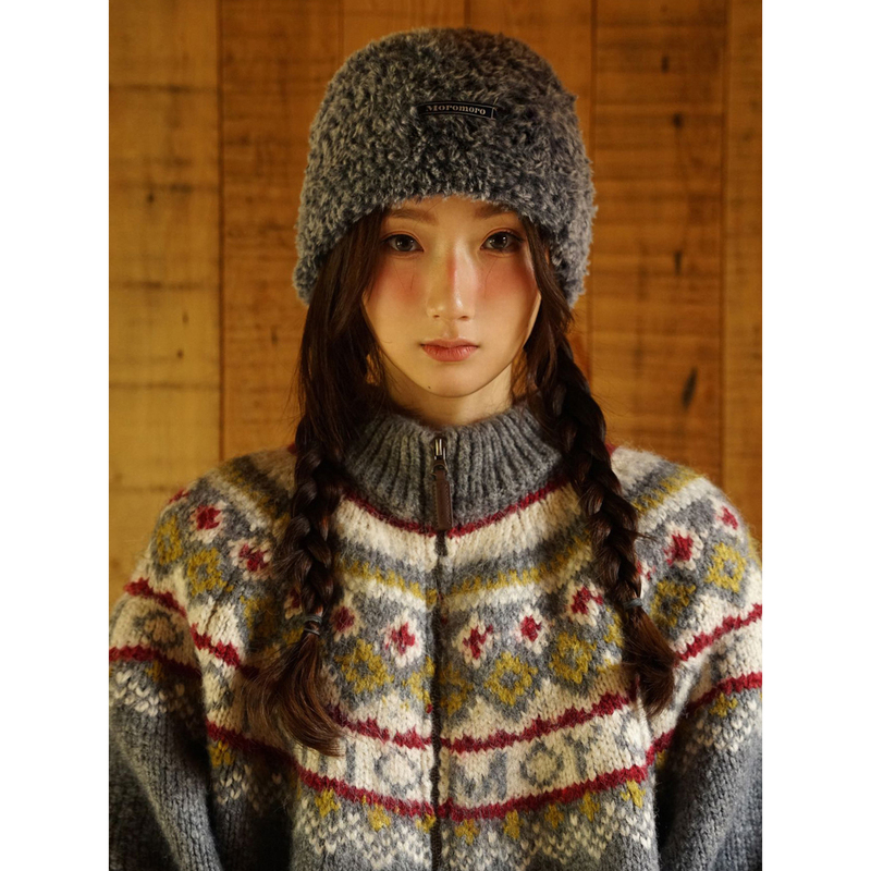 Moromoro Autumn and Winter Fair Isle Sweater Women's New Retro Preppy Style Lazy Style High-Neck Knitted Cardigan Jacket