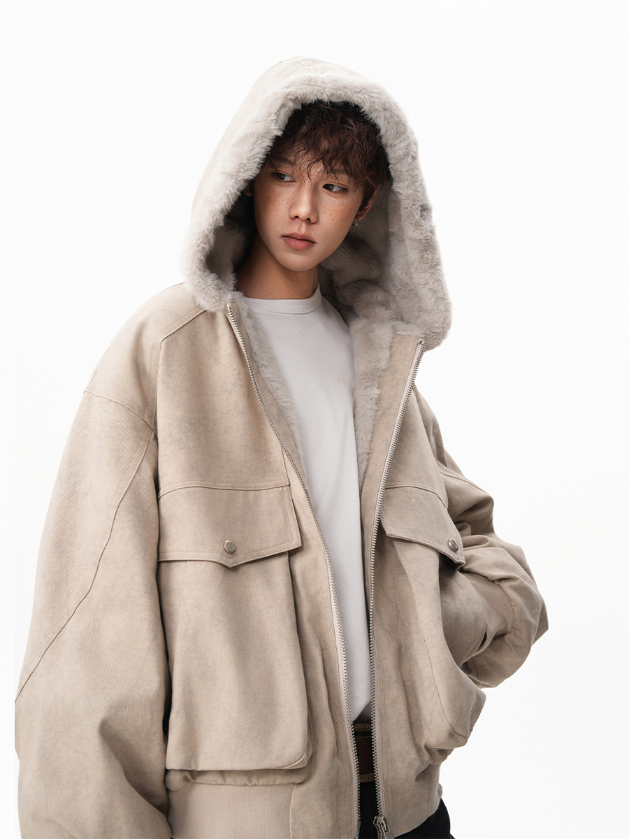 American-Style Fleece-Lined Marble-Patterned Hooded Cotton Jacket for Men, Winter Thickened Warm Cotton Coat, Loose Casual Hooded Outerwear