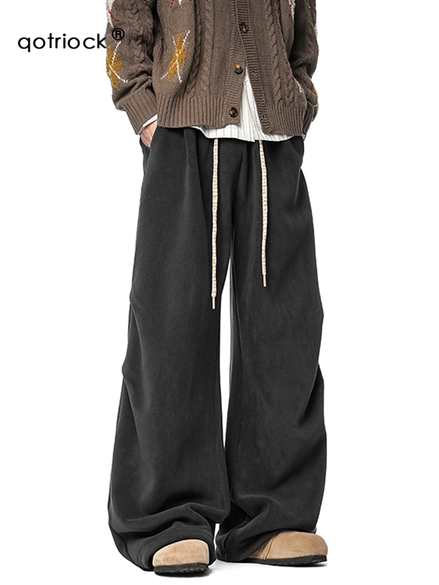 American-Style Heavyweight Fleece-Lined Pleated Paratrooper Sweatpants for Men, New Winter Loose Drape Fleece-Lined Wide-Leg Casual Pants