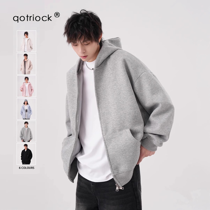 400g Gray Hooded Sweatshirt Cardigan for Men and Women, Loose Casual Fleece-Lined Jacket, American Style Layered Couple Hoodie Top