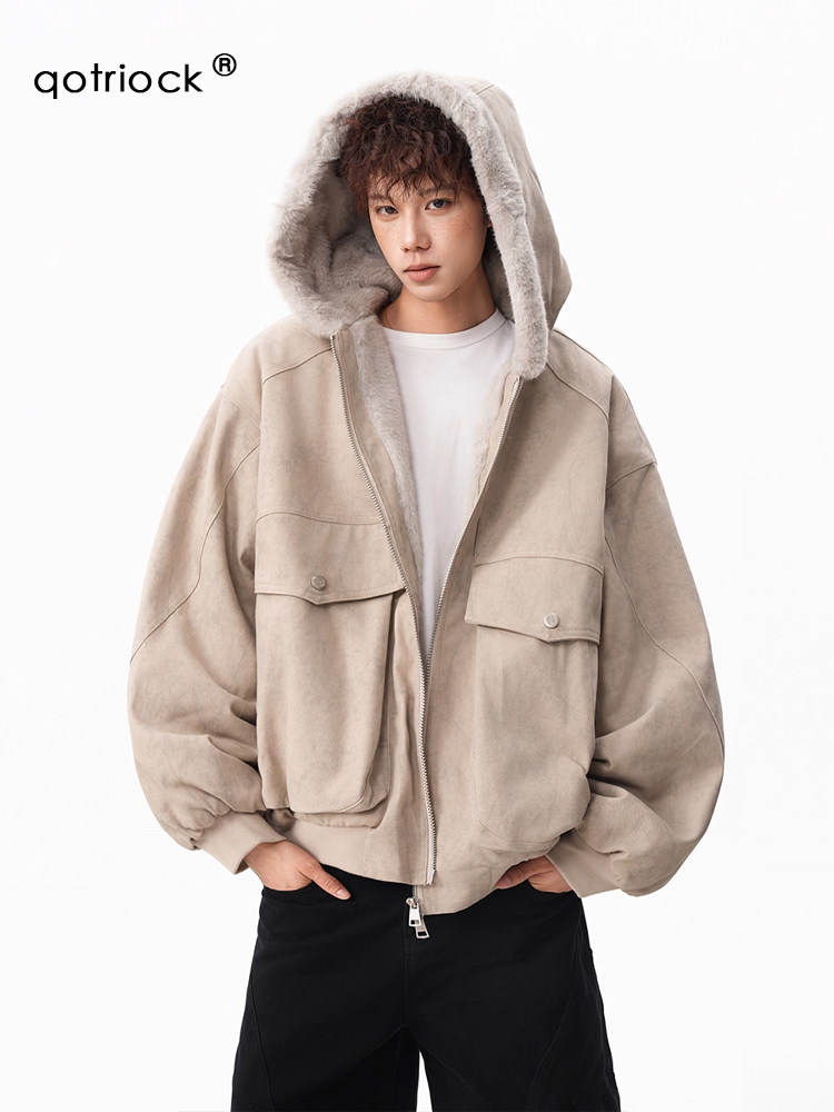 American-Style Fleece-Lined Marble-Patterned Hooded Cotton Jacket for Men, Winter Thickened Warm Cotton Coat, Loose Casual Hooded Outerwear