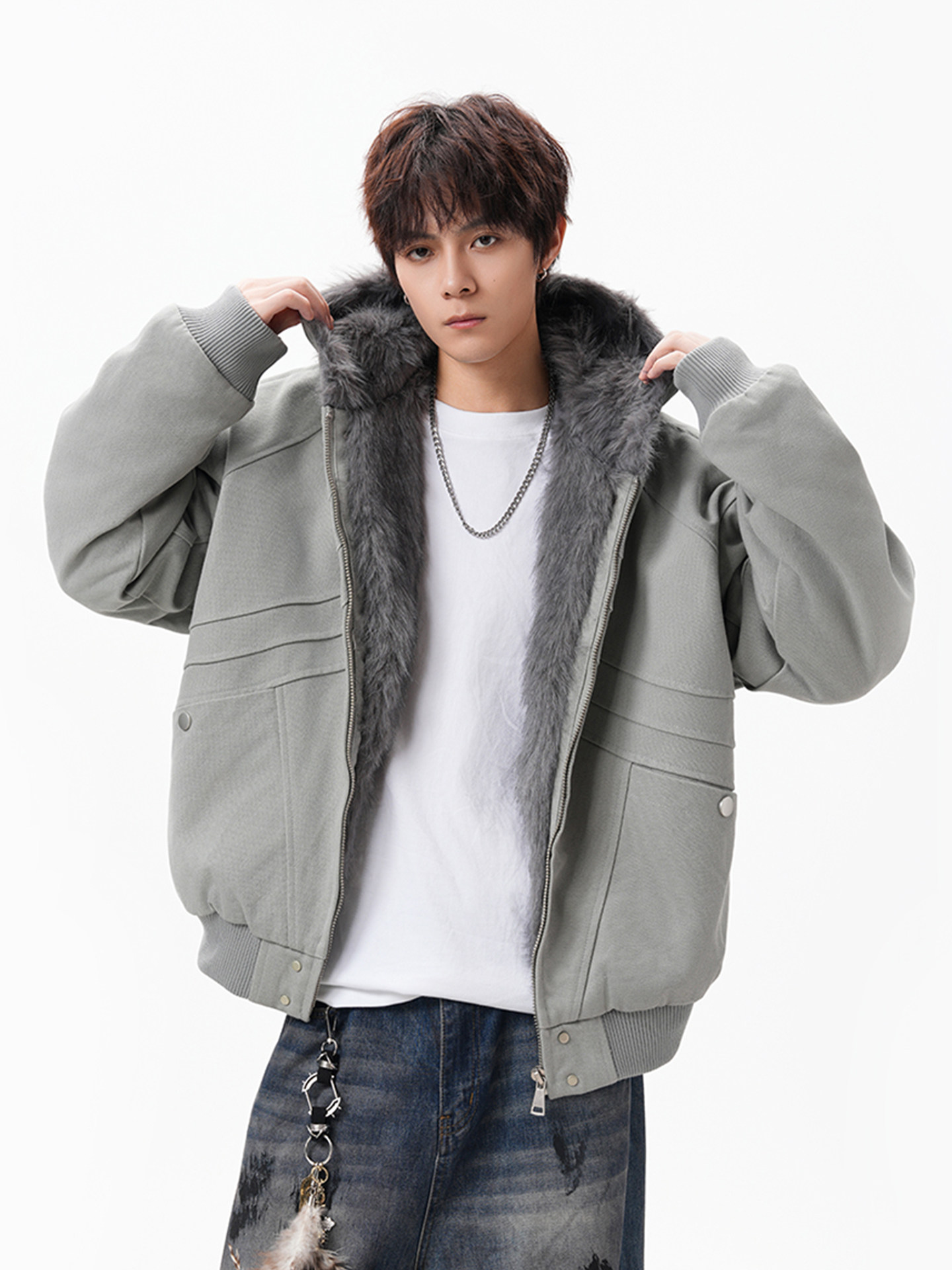 American-Style Boxy Hooded Cotton Jacket for Men, Winter, Cool and Stylish, Faux Rabbit Fur, Fleece-Lined, Warm Jacket