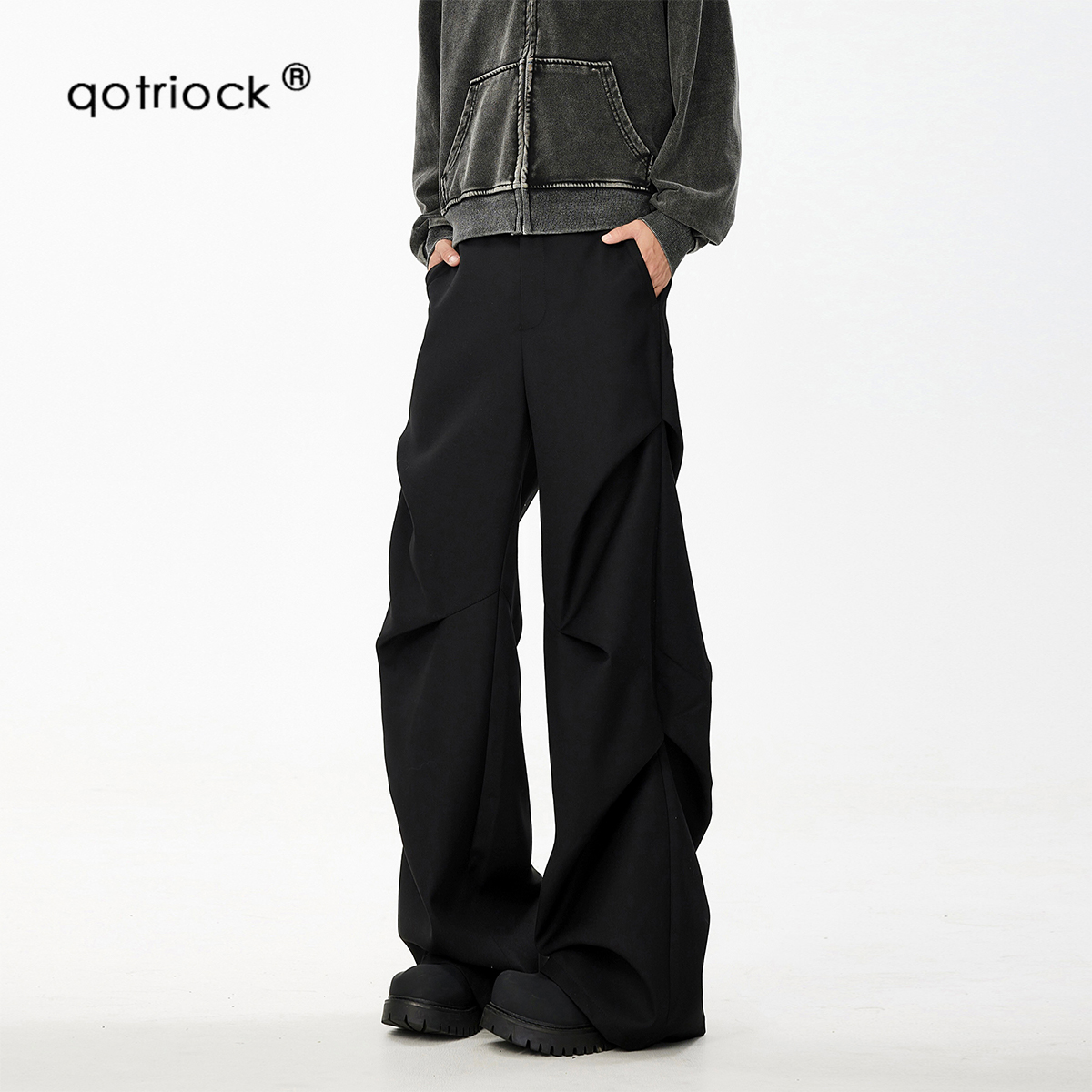 QOTRIOCK アメリカンニッチプリーツパラトルーパーパンツ男性と女性用ルーズカジュアルブーツカットパンツハイエンドブラックパンツトレンディ