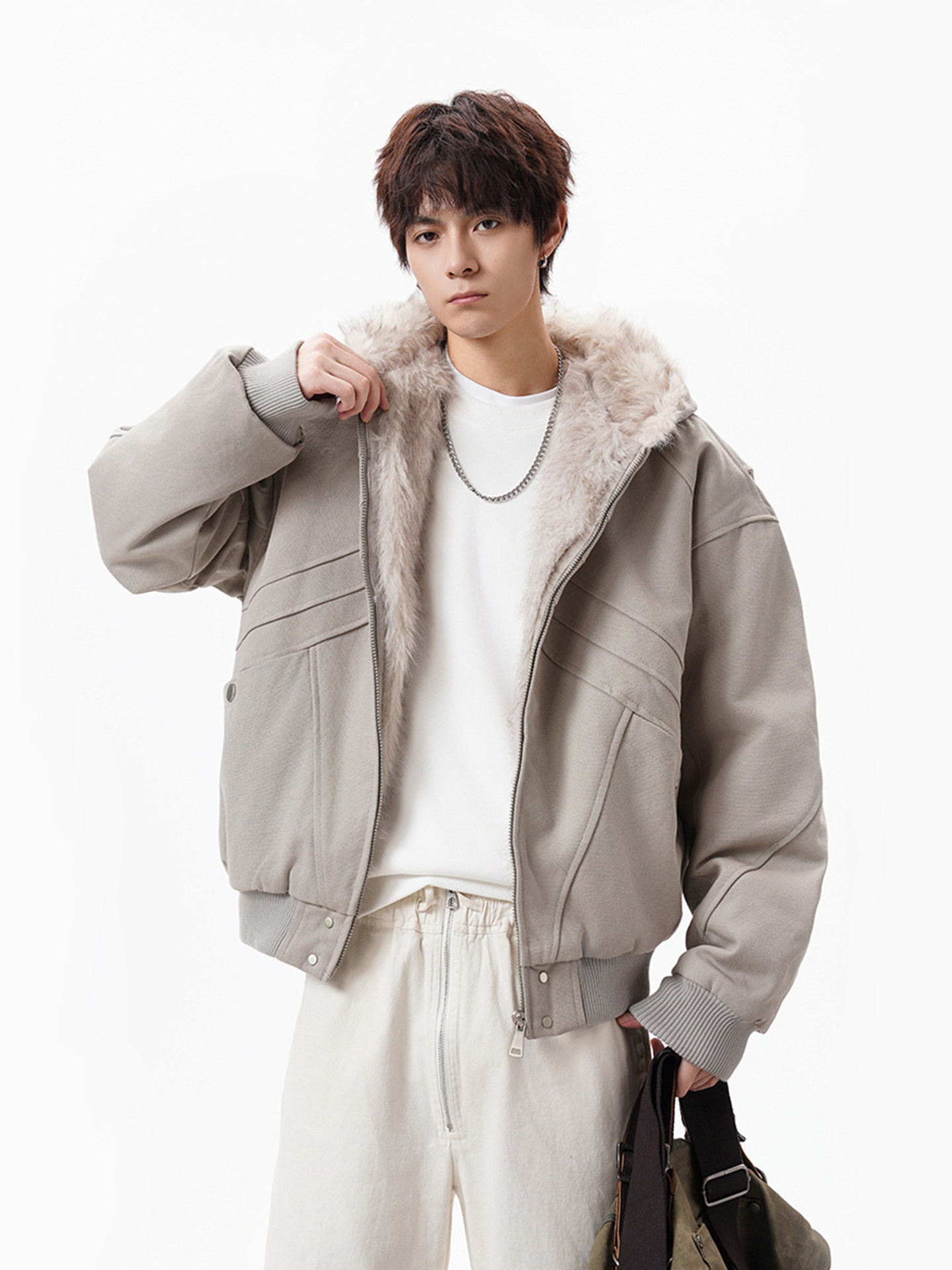 American-Style Boxy Hooded Cotton Jacket for Men, Winter, Cool and Stylish, Faux Rabbit Fur, Fleece-Lined, Warm Jacket