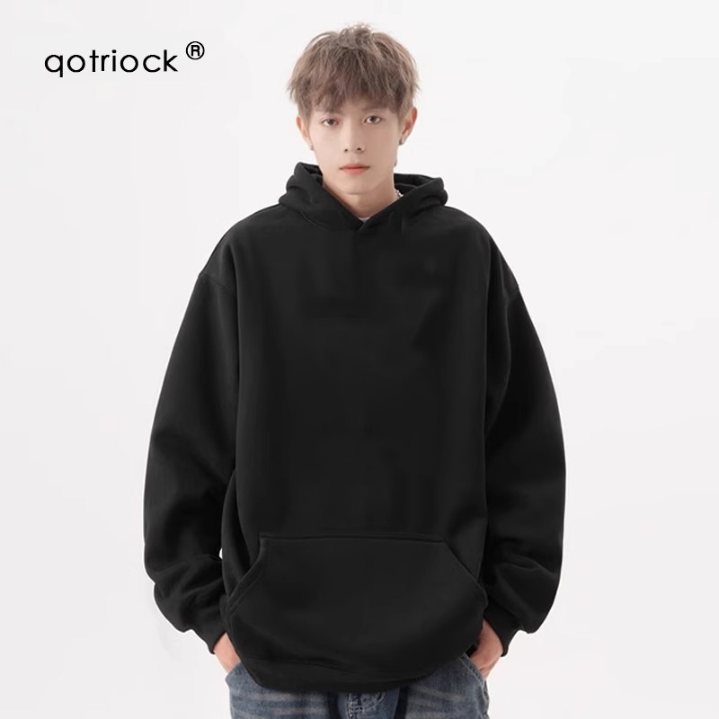 Qotriock460G Heavyweight Black Hooded Sweatshirt for Men, Autumn ins Trendy Hoodie, Loose Solid Color Jacket Top