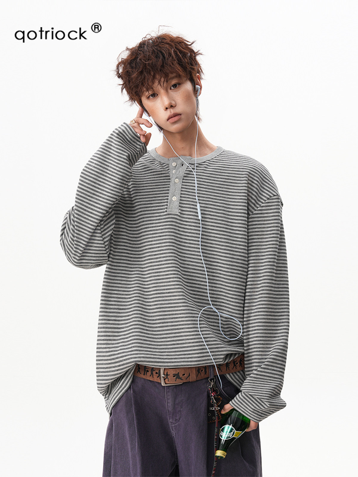 Spring New Vintage Striped Henry Collar Long-Sleeve Men's Loose and Relaxed Commuter Base Shirt Sweatshirt Inner Layer T-Shirt