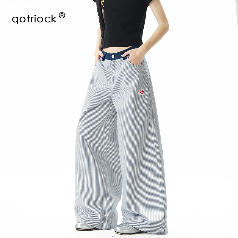 夏の男女兼用アメリカンストライプハート刺繍ワイドレッグパンツ、オールマッチデザインストレートパンツ、ゆったりカップルカジュアルパンツ
