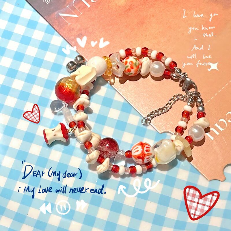 【Cherry Apple】Original Design Cute and Simple Dopamine Beaded Necklace Cute Double Chain Bracelet for Best Friends 【Cherry Apple】Original Design Cute and Simple Dopamine Beaded Necklace Cute Double Chain Bracelet for Best Friends