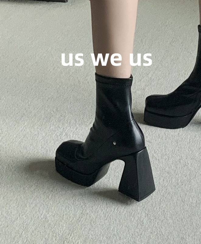 Us We Us |   10cm Thick-Heeled Platform Ankle Boots with Elastic Straps, Super Easy to Walk In!