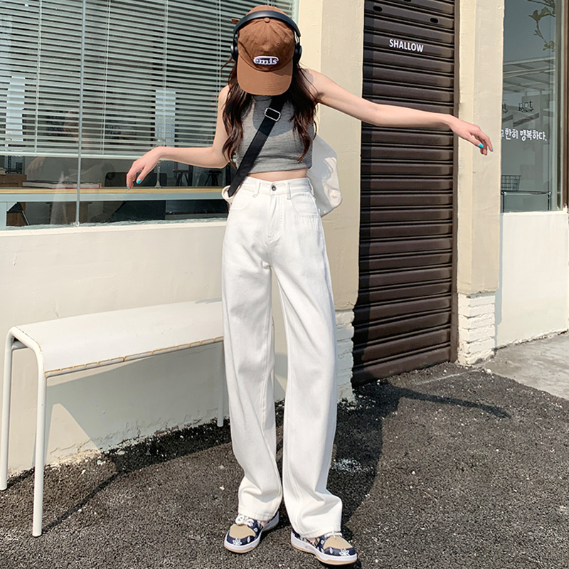 Asuz White Wide-Leg Jeans for Women, High-Waisted, 2025 New Style, Loose, Slimming, Straight-Leg, Drapey, Floor-Length, Narrow Version