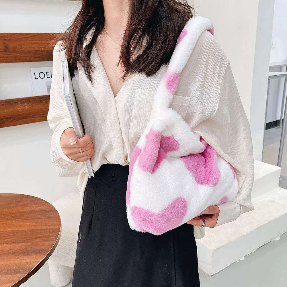 Women's Bag Plush Leopard Love Heart Pattern Underarm Should