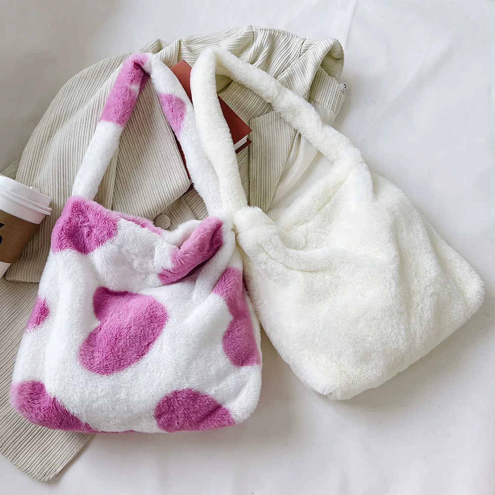 Women's Bag Plush Leopard Love Heart Pattern Underarm Should