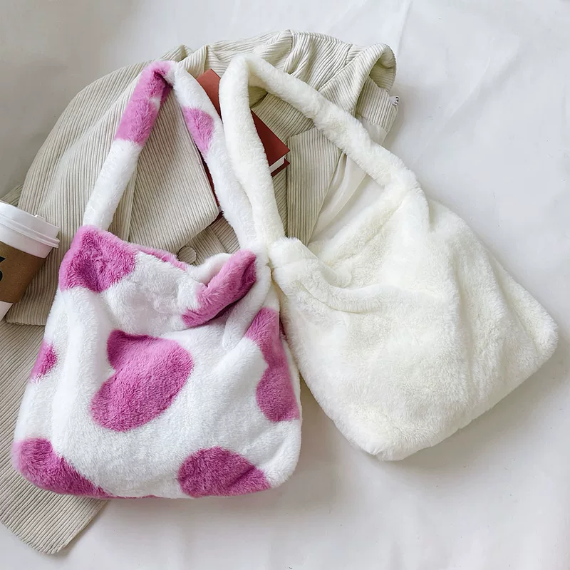 Women's Bag Plush Leopard Love Heart Pattern Underarm Should