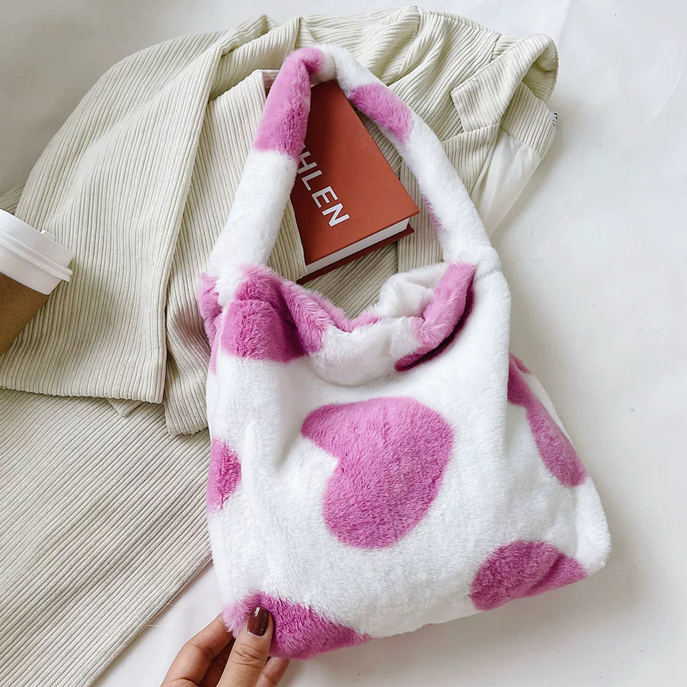 Women's Bag Plush Leopard Love Heart Pattern Underarm Should