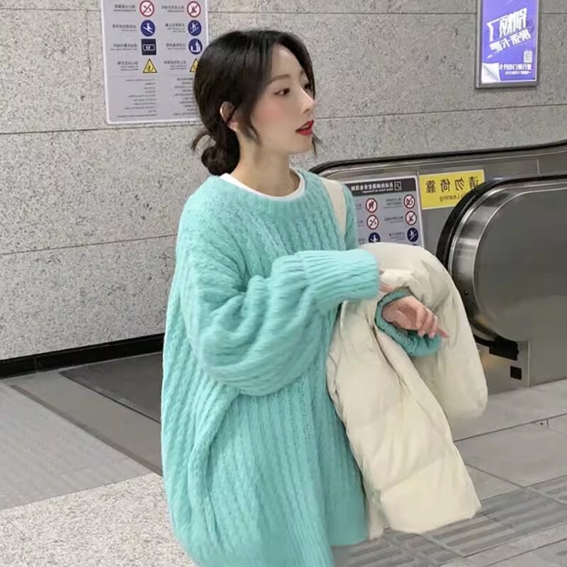 Mint Green Soft Sweater for Women, Autumn and Winter 2026 New Korean Style Twist Loose Casual Knit Top