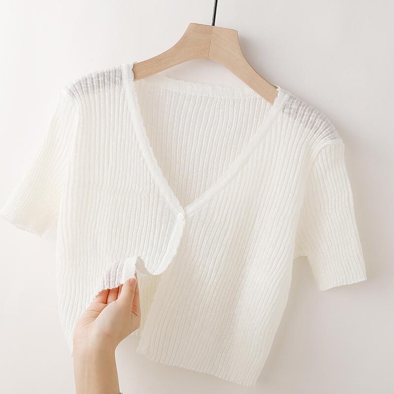 Ice Silk Knitted Cardigan for Women, Thin Short-Sleeved Outerwear, Shawl, Sun Protection Cover-Up, Short Jacket, Top to Match with a Slip Dress