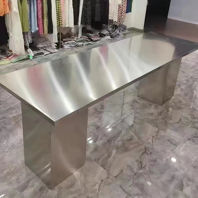 Clothing Store Island Display Stand, Stainless Steel Display Props, Rectangular Industrial-Style Center Display Counter