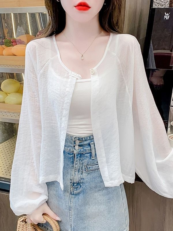 Korean Design Niche Solid Color Lightweight Sun Protection Shirt Air Conditioning Shirt Women's Summer New Versatile Long-Sleeved Top