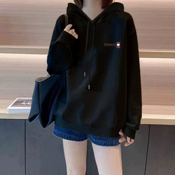 Korean Style Lazy Black Hooded Sweatshirt for Women, Loose Fit to Cover the Belly, 2025 New Spring and Autumn Thin Hooded Top Jacket