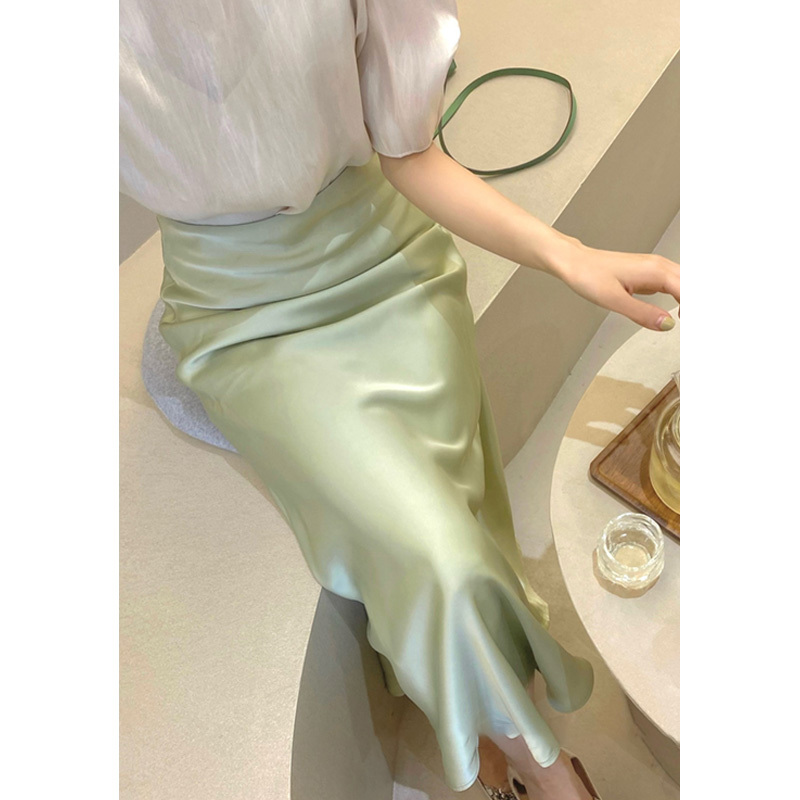 Acetate Satin Skirt for Women, Summer High-Waisted Slimming Hip-Hugging Fishtail Skirt, French Retro High-End Elegant Long Skirt