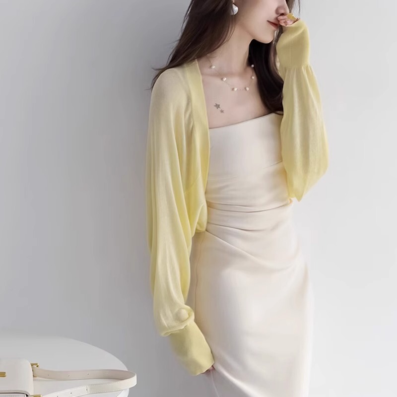 Ice Silk Knitted Cardigan for Women, Thin Summer Sun Protection Air-Conditioning Cover-Up, Slip Dress Outerwear, Shawl Top, Short Jacket