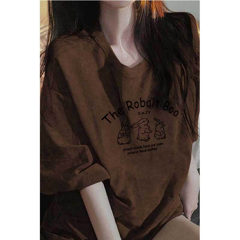 Short-Sleeved Women's 2026 New Summer Tops, Pure Cotton, Loose Fit, Slimming, Brown Casual Plus-Size T-Shirt, Trendy Brand for Women