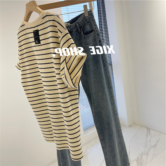 Striped T-shirt women's summer short-sleeved 2022 new loose oversize pure cotton large size half-sleeved top design