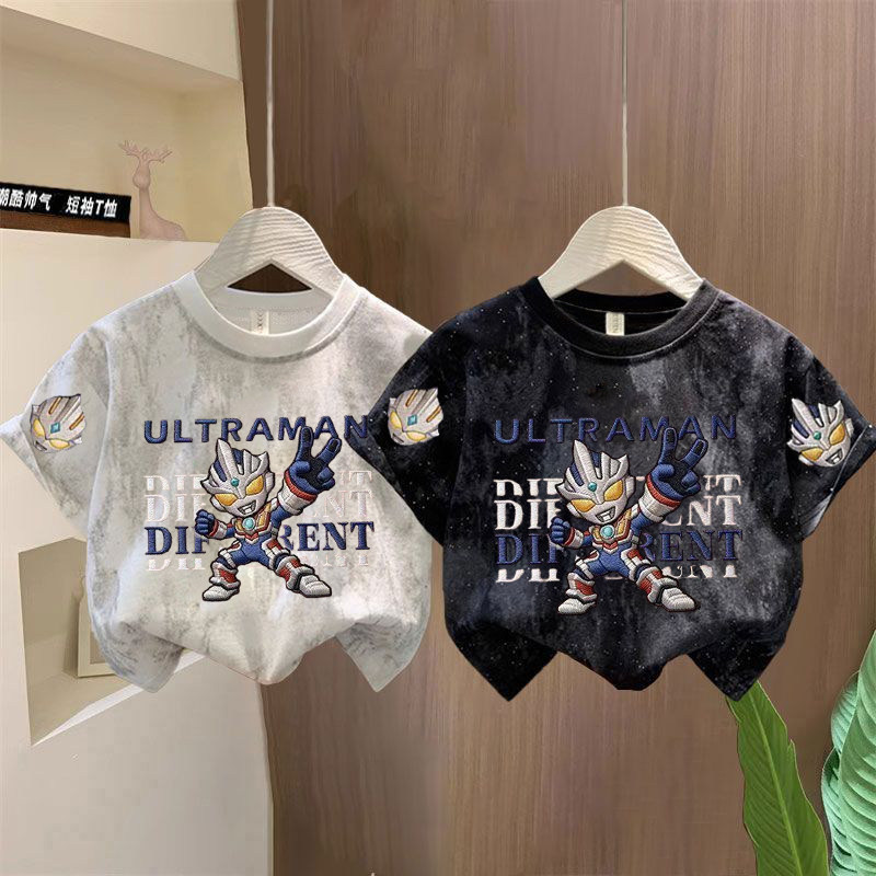 Футболка с короткими рукавами tie-dye для мальчиков из чистого хлопка с рисунком Ультрамена, летняя детская модная красивая универсальная верхняя одежда tide t