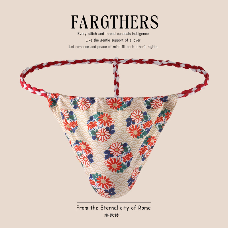 Fargthers Italian-Style Genuine Men's Sexy Low-Rise Underwear with Straps, Japanese-Style Printed Fashion Thong T-Pants for Men