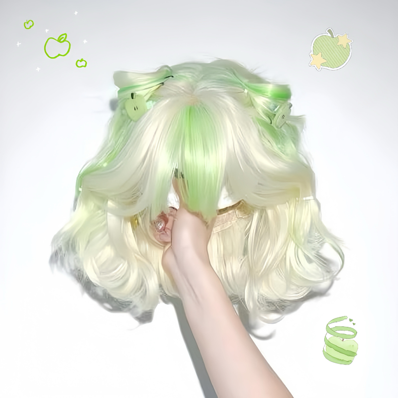 [Green Apple] Wig for Women with Short Curly Hair, Platinum Gradient Apple Green, Wang Yuan Concert Support Color Full Head Wig