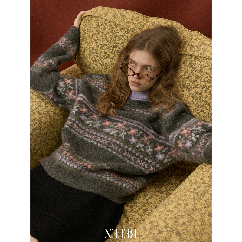 American-Style Fair Isle Pullover Cashmere Knit Base Shirt for Women, Autumn and Winter, Loose Fit, Slimming Sweater, Thick Outerwear