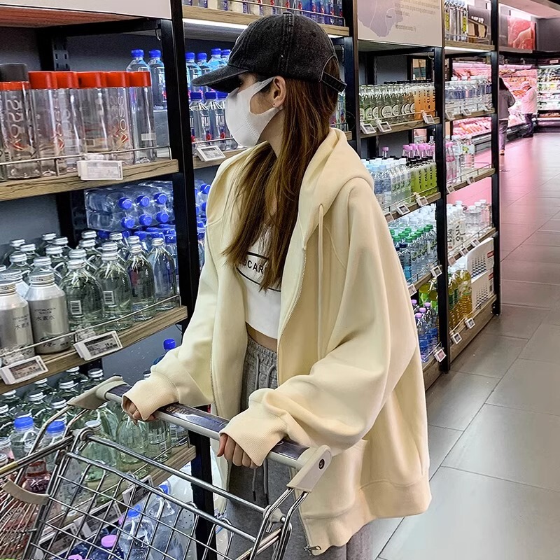 Creamy Yellow Hooded Sweatshirt for Women, Spring and Autumn, Mid-Length, Loose, Casual, Slimming, Fleece-Lined, Thickened Cardigan for Winter