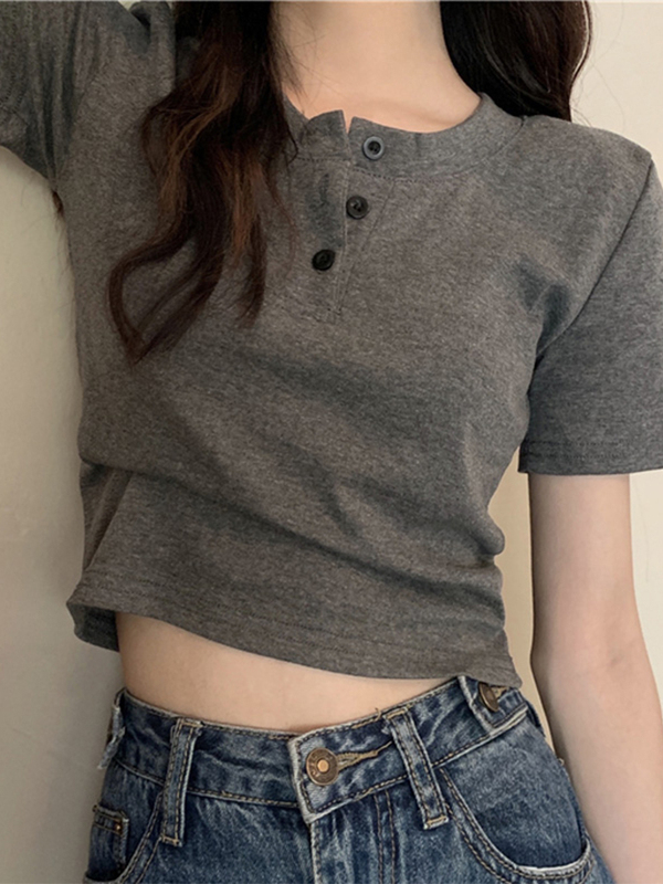 Floral Gray High-End Short-Sleeved T-Shirt for Women, Summer Cotton Half-Open Collar Top, Slim-Fit Short Top for Trendy Girls