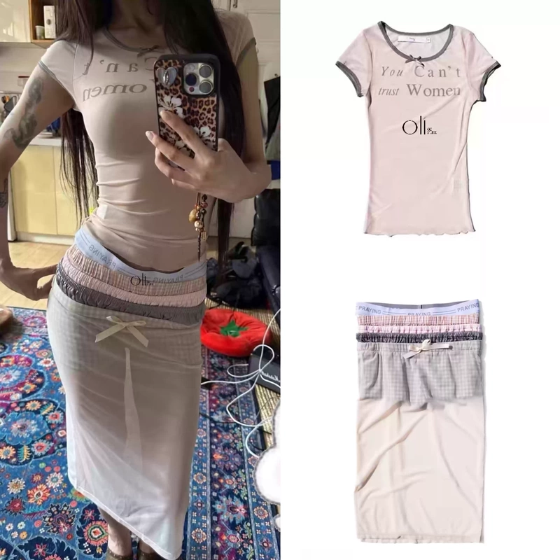 Authentic In-Stock Praying Mesh Stretch Slim-Fit T-Shirt Top with Multi-Layered Waistband Skirt