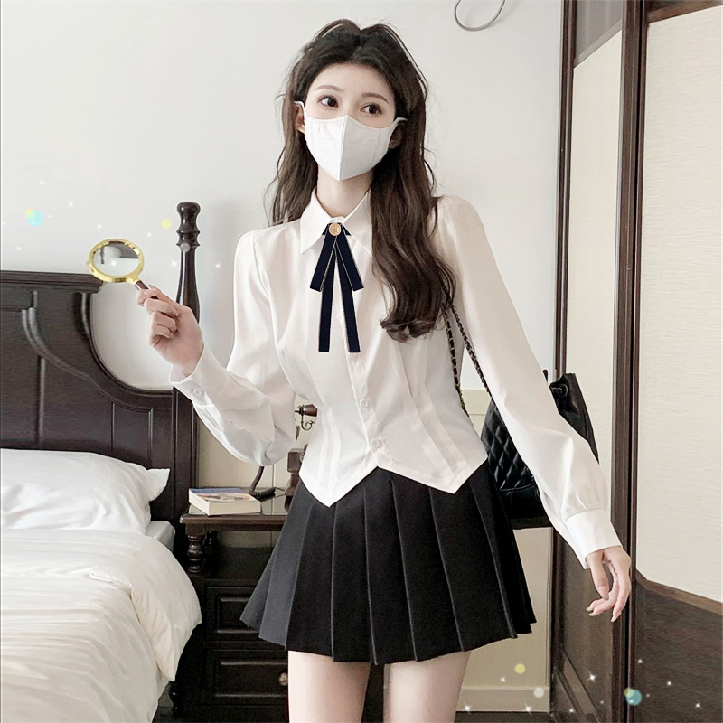 Waist-Cinching White Shirt for Women, Short Slim-Fit Long-Sleeve Blouse, Inner Wear Top, Workwear Jk Uniform Set Waist-Cinching White Shirt for Women, Short Slim-Fit Long-Sleeve Blouse, Inner Wear Top, Workwear Jk Uniform Set