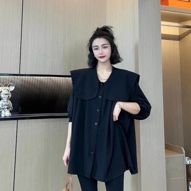 French-Style Black Textured Drape Shirt for Women, 2026 Autumn New Plus-Size Loose and Unique Design Top French-Style Black Textured Drape Shirt for Women, 2026 Autumn New Plus-Size Loose and Unique Design Top