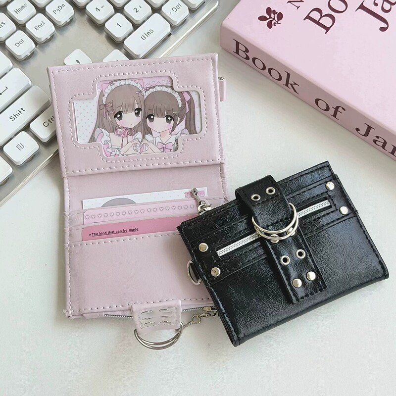 Korean-Style Motorcycle Y2K Black Pink Leather Card Holder Coin Purse Storage Bag with High Aesthetic Design and Multifunctional Id Holder