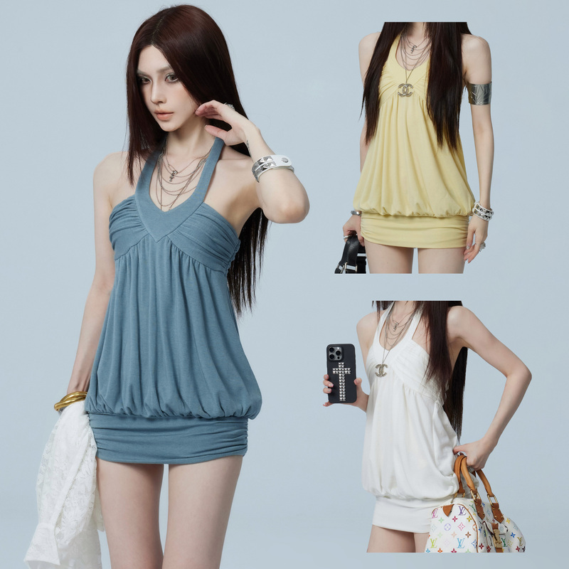 Common in 0120 Cool and Lazy Design with a Retro and Sexy Vibe, Multi-Color Halter Neck Backless Dress