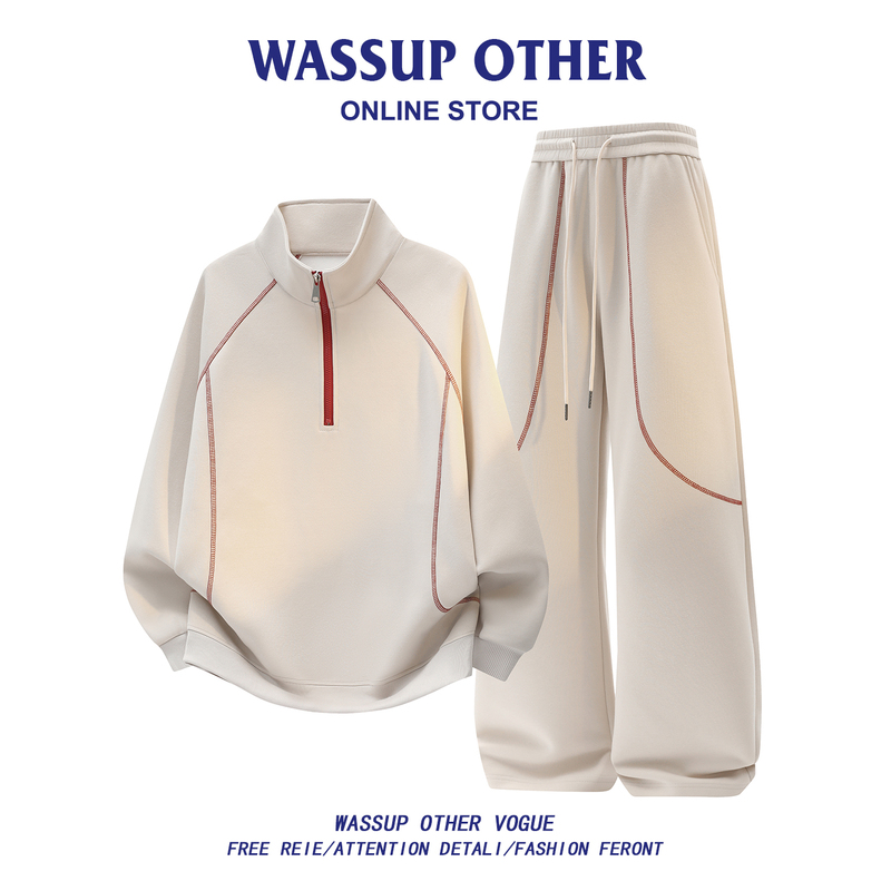 Wassup Other Trendy Brand Spring and Autumn Loose Half-Zip Sweatshirt Men's Two-Piece Set Men's Sports and Leisure Suit Wassup Other Trendy Brand Spring and Autumn Loose Half-Zip Sweatshirt Men's Two-Piece Set Men's Sports and Leisure Suit