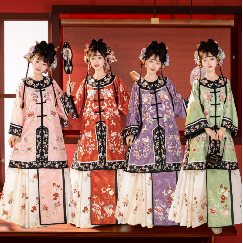 Подлинный [благоприятный] женский костюм в стиле Цин и Хань с круглым вырезом и планкой в стиле ретро без Ханьфу, дворцовый костюм династии Цин