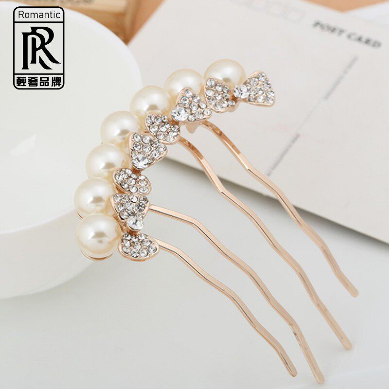 Korean hair accessories rhinestone pearl bow hair comb head jewelry popular female four-tooth plate hair insert comb