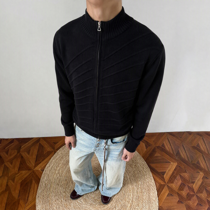 Mkclot "Radiation" Double Zipper Striped Textured Sweater Jacket Men's Autumn and Spring Knit Cardigan Short and Wide Mkclot "Radiation" Double Zipper Striped Textured Sweater Jacket Men's Autumn and Spring Knit Cardigan Short and Wide