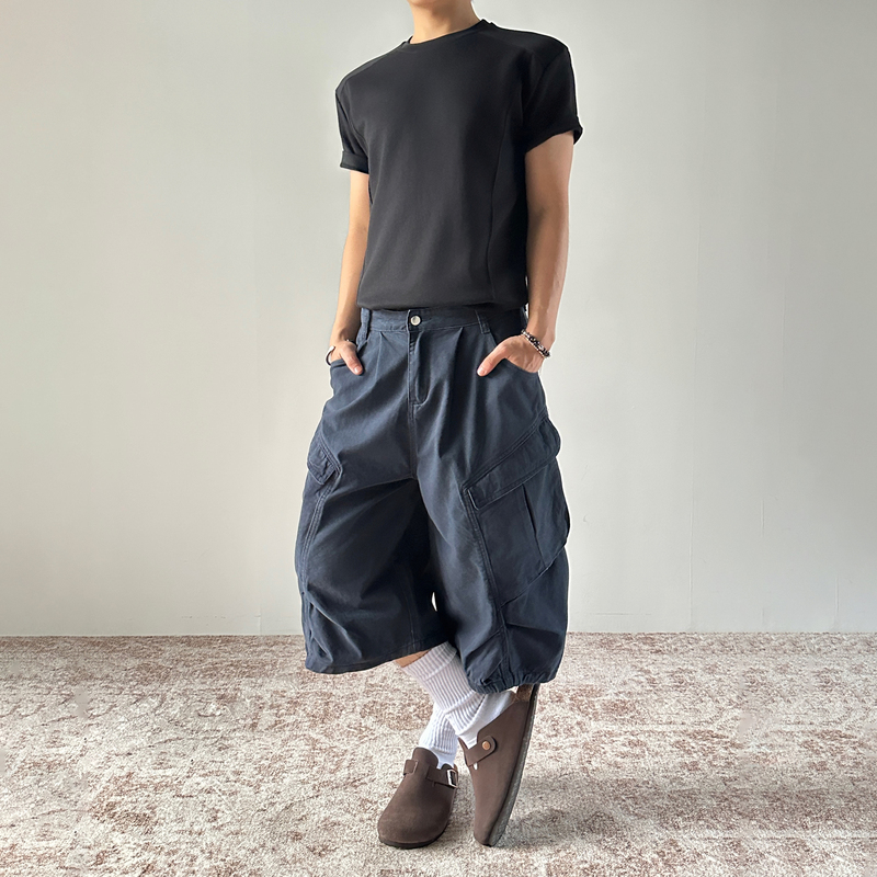 Mkclot American Retro Navy Blue Work Shorts, Mid-Length Casual Loose Wide-Leg Pants, Unisex Mkclot American Retro Navy Blue Work Shorts, Mid-Length Casual Loose Wide-Leg Pants, Unisex