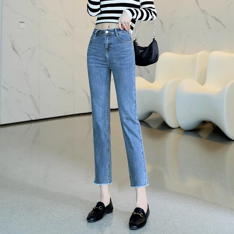 Women's Straight-Leg Jeans, Cropped Length for Petite Figures, 2024 Spring/Summer New Style, High-Waisted, Slimming, Cigarette-Leg, Thin, Blue Women's Straight-Leg Jeans, Cropped Length for Petite Figures, 2024 Spring/Summer New Style, High-Waisted, Slimming, Cigarette-Leg, Thin, Blue