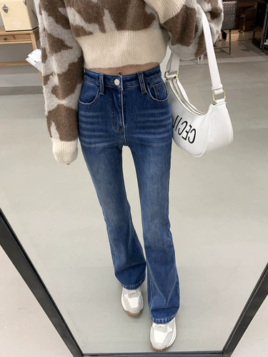 Осенние джинсы, штаны, флисовые штаны-клёш, высокая талия, 2024 года, новая коллекция, подходит для подростков, свободный крой, по фигуре